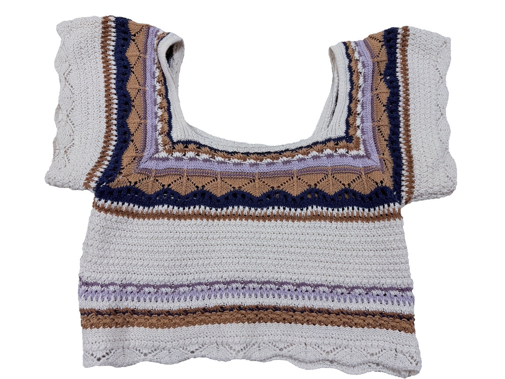 POL Striped Crochet Knit Crop Top Boho Festival Cottagecore Cap Sleeve SZ OS Med